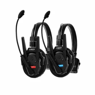 SYNCO Xtalk XPro2 2-Way Intercom Headset featuring flexible boom microphone, A/B control buttons, and red/blue accents on the earcup, displayed against a white background.