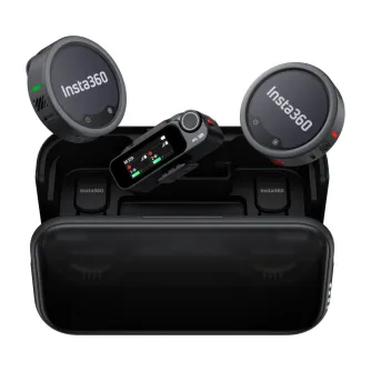 Insta360 Mic Pro Graphite Black wireless lavalier microphone set with 2 transmitters and 1 receiver in an open charging case, featuring E‑ink display and 30‑hour battery life.