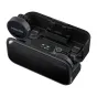 Insta360 Mic Pro wireless microphone transmitter with E-ink display showing battery and RX status, mounted on a charging case with two additional transmitters and a receiver, USB-C cable connected, white LED indicators visible, 