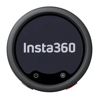 Insta360 Mic Pro Transmitter Graphite Black – circular wireless lavalier microphone transmitter with customizable E‑ink display, power and record buttons, red side button, shown front-on against a white background.