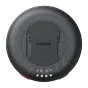 Back view of the Insta360 Mic Pro Transmitter in graphite black, showing model label, 5V 0.5A input, four LED status lights, red power button, and printed specifications around the rim.