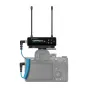 Sennheiser EW-DP ENG SET portable digital UHF wireless microphone system with receiver mounted on a camera, dual antennas, blue coiled cable and display showing operating times