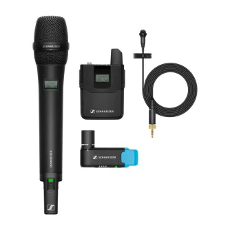 Professional Sennheiser AVX ME2/835 wireless microphone set featuring a handheld microphone, lavalier mic, bodypack transmitter, and plug-on receiver for video production.