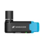 Sennheiser AVX ME2/835 SET-3 plug-on receiver with blue XLR cap and attached microphone capsule, black body, Sennheiser logo