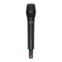 Sennheiser SKM AVX-835S-3 handheld wireless microphone transmitter, black body, green power LED lit, LCD display visible, with attached clip