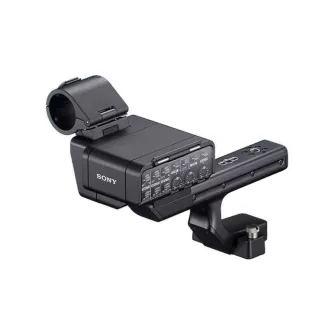 Sony XLR-H2 XLR Handle Unit mounted on a camera's Multi Interface Shoe, featuring an ergonomic grip handle, control panel with gain knobs and switches, and 4-channel audio input capabilities.