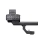 Sony XLR-H2 XLR Handle Unit mounted on a camera's Multi Interface Shoe, featuring gain knobs, low-cut switches, and LED indicators. The black device has a rectangular body and extended handle, secured by screws, with a silver th