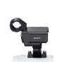 Sony XLR-H2 XLR Handle Unit mounted on a camera's Multi Interface Shoe, featuring an ergonomic design with a circular grip handle, control panel with switches and indicators, and dual ADCs for wide dynamic range.