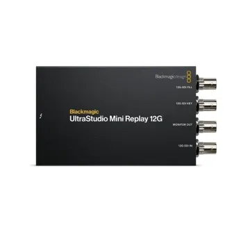 Blackmagic Design UltraStudio Mini Replay 12G compact Thunderbolt 4 capture and playback device with four 12G-SDI ports labeled 'FILL', 'KEY', 'MONITOR OUT', and 'IN' for HD and Ultra HD video.
