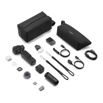 Aerial view of DJI Osmo Pocket 4P Vlog Combo components including the main camera with dual lenses, DJI Mic Mini 2 transmitter, Osmo Mini Tripod, carrying bag, FrameTap, magnetic charging cable, and wrist strap, all arranged on 