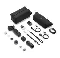 Aerial view of DJI Osmo Pocket 4P Vlog Combo components including the main camera with dual lenses, DJI Mic Mini 2 transmitter, Osmo Mini Tripod, carrying bag, FrameTap, magnetic charging cable, and wrist strap, all arranged on Aerial view of DJI Osmo Pocket 4P Vlog Combo components including the main camera with dual lenses, DJI Mic Mini 2 transmitter, Osmo Mini Tripod, carrying bag, FrameTap, magnetic charging cable, and wrist strap, all arranged on 