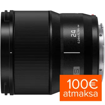 Panasonic LUMIX S 24mm f/1.8 lens with textured grip, engraved focal length and aperture markings, silver mount