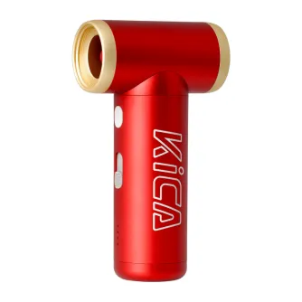 Sarkanā FeiyuTech KiCA JetFan 2S vējdziedis ar zelta uzgali, kompakts kabatas izmēra dizains, turbo boost līdz 117 000 rpm, uz balta fona