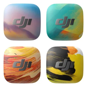 DJI Mic Mini 2 Time Series Magnetic Front Cover Set – four artistic magnetic covers (Dawn, Surge, Blaze, Glimmer) by Victo Ngai, each with a unique colorful design, easy snap-on for the DJI Mic Mini 2 transmitter.