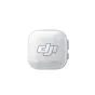 DJI MIC MINI 2S transmitter front view, compact square device with DJI logo, MINI 2S label, two circular microphone elements and side buttons, white glossy finish.