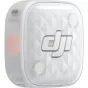 White DJI MIC MINI 2S transmitter front view with DJI logo, MINI 2S label, two circular components and a side pink button, compact wireless lavalier microphone.