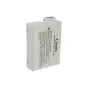 Gray Canon LP-E8 battery pack with rectangular shape, visible contacts on top, and printed warnings and specifications in English and French.