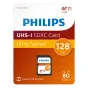 Philips 128 GB UHS-I SDXC atmiņas karte oranžā un sarkanā iepakojumā, priekšējais skats ar Class 10, V10 un 128 GB marķējumiem, atbalsta pilnīgu HD video un līdz 80 MB/s