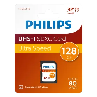 Philips 128 GB UHS-I SDXC memory card in orange-red retail packaging, front view featuring Class 10, V10, and 128 GB labels, supports full HD video and up to 80 MB/s