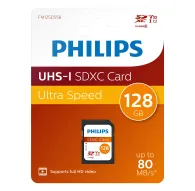 Philips 128 GB UHS-I SDXC memory card in orange-red retail packaging, front view featuring Class 10, V10, and 128 GB labels, supports full HD video and up to 80 MB/sPhilips 128 GB UHS-I SDXC memory card in orange-red retail packaging, front view featuring Class 10, V10, and 128 GB labels, supports full HD video and up to 80 MB/s