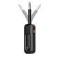 Melns Tech-Protect UltraBoost AU03 Bluetooth audio adapteris ar 3,5 mm jack savienotājiem, priekšējais skats, zils LED indikators ieslēgts, oranžais RX/TX slēdzis, skaļuma + un - pogas, play/pause poga.