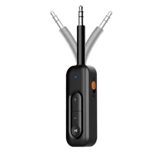 Black Tech-Protect UltraBoost AU03 Bluetooth audio adapter with 3.5 mm jack connectors, front view, blue LED on, orange RX/TX switch, volume + and - buttons, play/pause button.