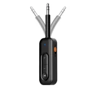 Melns Tech-Protect UltraBoost AU03 Bluetooth audio adapteris ar 3,5 mm jack savienotājiem, priekšējais skats, zils LED indikators ieslēgts, oranžais RX/TX slēdzis, skaļuma + un - pogas, play/pause poga.Melns Tech-Protect UltraBoost AU03 Bluetooth audio adapteris ar 3,5 mm jack savienotājiem, priekšējais skats, zils LED indikators ieslēgts, oranžais RX/TX slēdzis, skaļuma + un - pogas, play/pause poga.