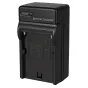 Falcon Eyes Battery Charger SP-CHG II for NP-F batteries, compact design with USB‑C port, charge indicator button, and battery insertion slot.