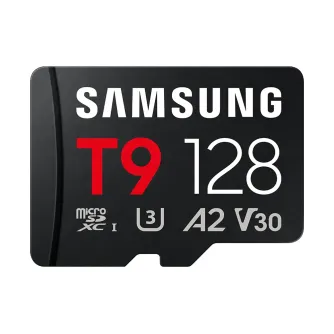 Samsung T9 128GB microSDXC memory card featuring U3, A2, and V30 speed classes, with read speeds up to 200 MB/s and write speeds up to 130 MB/s.