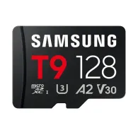 Карта памяти Samsung T9 128 ГБ microSDXC с классами скорости U3, A2 и V30, скорость чтения до 200 МБ/с и записи до 130 МБ/с.Карта памяти Samsung T9 128 ГБ microSDXC с классами скорости U3, A2 и V30, скорость чтения до 200 МБ/с и записи до 130 МБ/с.