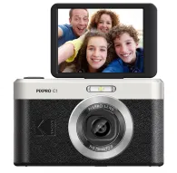Кодак PixPro C1 компактная камера с черным текстурированным корпусом, серебряной верхней панелью, развернутым 2,8-дюймовым LCD-экраном, показывающим семейный селфи, 13 МП BSI CMOS сенсор, 3,75 мм f/2,0 объективКодак PixPro C1 компактная камера с черным текстурированным корпусом, серебряной верхней панелью, развернутым 2,8-дюймовым LCD-экраном, показывающим семейный селфи, 13 МП BSI CMOS сенсор, 3,75 мм f/2,0 объектив