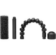 PMI Smoke-Shaping Nozzles 2.0 kit includes a black mesh filter, a straight black nozzle tube, a flexible segmented black nozzle forming an arch, and a ridged black cap on a white background.PMI Smoke-Shaping Nozzles 2.0 kit includes a black mesh filter, a straight black nozzle tube, a flexible segmented black nozzle forming an arch, and a ridged black cap on a white background.