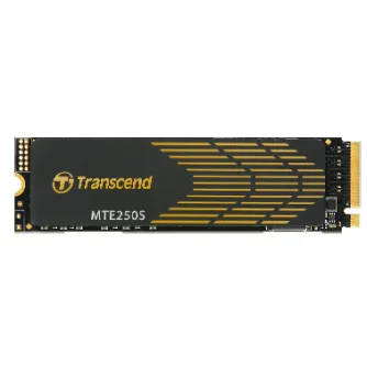 Transcend PCIe M.2 SSD 250S, black PCB with gold stripe design, gold edge connector, PCIe Gen4 x4 NVMe internal drive