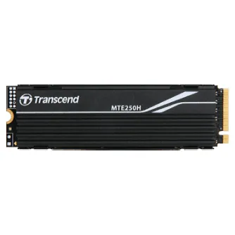Transcend MTE250H PCIe Gen4 x4 M.2 SSD 2280 with black heatsink, white logo and gold edge connector