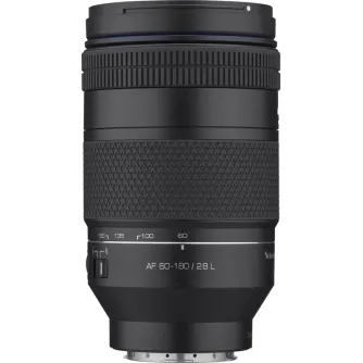 Close-up of the Samyang AF 60-180mm F2.8 L lens, featuring the zoom ring with distance markings, focus ring, front glass element, and L-mount rear, emphasizing its professional telephoto zoom capabilities.