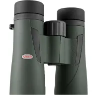 Kowa BD III 42-10 XD green binoculars with black rubber eyecups and central focus wheel, featuring a red oval Kowa logo on the left barrel, displayed front-on against a white background.Kowa BD III 42-10 XD green binoculars with black rubber eyecups and central focus wheel, featuring a red oval Kowa logo on the left barrel, displayed front-on against a white background.