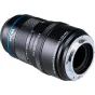 Laowa Aksen 45mm f/2.8 1-5X Ultra Macro APO Nikon F lens, side view with front mount exposed, focus and zoom rings, blue accent ring, and Nikon F mount flange with screws.