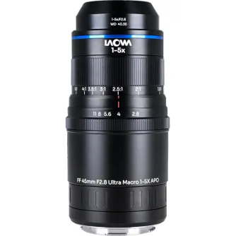 Laowa 45 mm f/2.8 1-5X Ultra Macro lente ar parfokālšu zoomu, manuālu fokusu, L-Mount, fiksētu 40,35 mm darba attālumu un apochromātisko optiku augstas palielināšanas detaļām.