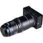 Laowa Aksen 45 mm f/2.8 1-5X Ultra Macro lente ar L-Mount, pievienota pie bezspoguļu kameras, parādot parfokālo zoom, manuālo fokusēšanu, 11-lapu apaugu un pilna kadra pārklājumu.