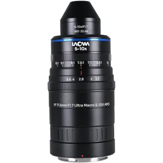 Laowa 17.5mm f/1.7 5-10X Ultra Macro APO lens for Nikon Z, featuring a 5-10x zoom range, manual focus, 22.48mm working distance, and a red alignment dot on the mount.