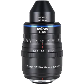 Laowa 5‑10x ultra macro objektīvs Nikon F, ar 17,5 mm fokālo garumu, f/1.7 maksimālo apertūru, 5‑10 reizes palielinājumu un APO apochromatisko dizainu augstas izšķirtspējas makro fotografēšanai.