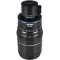Laowa Aksen 17,5 mm f/1,7 5–10X Ultra Macro APO objektīvs ar koaksiālo apgaismojumu, melns korpuss, zila akcenta līnija, fokusa attāluma un apertūras skāles