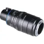 Laowa Aksen 17.5mm f/1.7 5-10X Ultra Macro APO lens with coaxial illumination attachment, shown from the side with focus and aperture rings, black body, blue accent ring, front element and rear mount visible