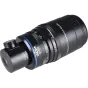 Laowa Aksen 17.5mm f/1.7 5-10X Ultra Macro APO lens with coaxial illumination attachment, shown in side view highlighting the focus ring, blue accent ring, and detailed focal markings.