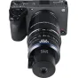 Laowa Aksen 17.5mm f/1.7 5-10X Ultra Macro APO lens with coaxial illumination mounted on a Sony FX3 cinema camera, top-down view highlighting the front element and focus ring markings.