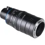Laowa Aksen 17,5 mm f/1,7 5–10X Ultra Macro APO objektīvs Nikon Z ar zilu akcenta līniju, fokusa un apertūras skāles, attēlots sānu skatā
