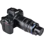Laowa Aksen 17.5mm f/1.7 5‑10X Ultra Macro APO lens with coaxial illumination mounted on a Nikon Z mirrorless camera, showcasing the blue accent ring and manual focus controls.