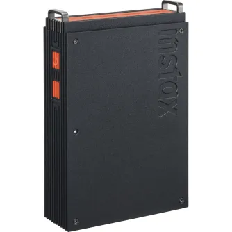 Fujifilm Instax Mini Link Plus compact black printer with orange side buttons and top metal handles, shown from the front
