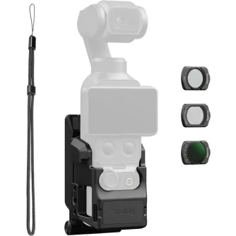 SmallRig 6872 cage kit for DJI Osmo Pocket 4/3 with protective metal cage, wrist strap, CPL, Black Mist, and variable ND filters displayed against a clean background