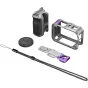 SmallRig Modular Street Photography Kit for DJI Osmo Action 6 featuring an open-base aluminum cage, side handle with purple accents, silicone lens cap, cold-shoe lock adapter, and a black wrist strap, all displayed as separate c